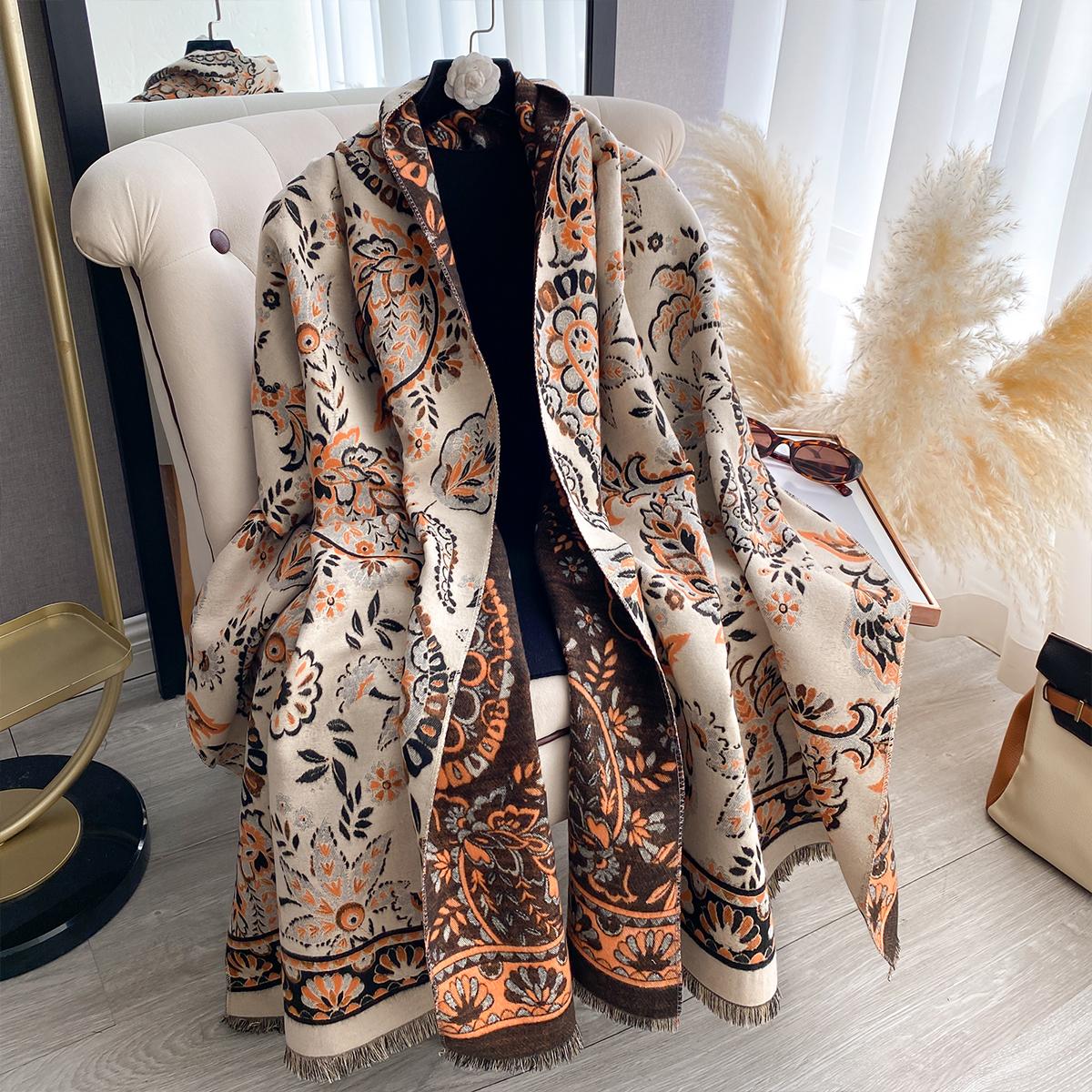Écharpe en Cachemire à Imprimé Exquis pour Femmes Épaisse Chaleureuse d'Hiver Châle de Luxe Enveloppes Bufanda Pashmina Poncho de Voyage gray