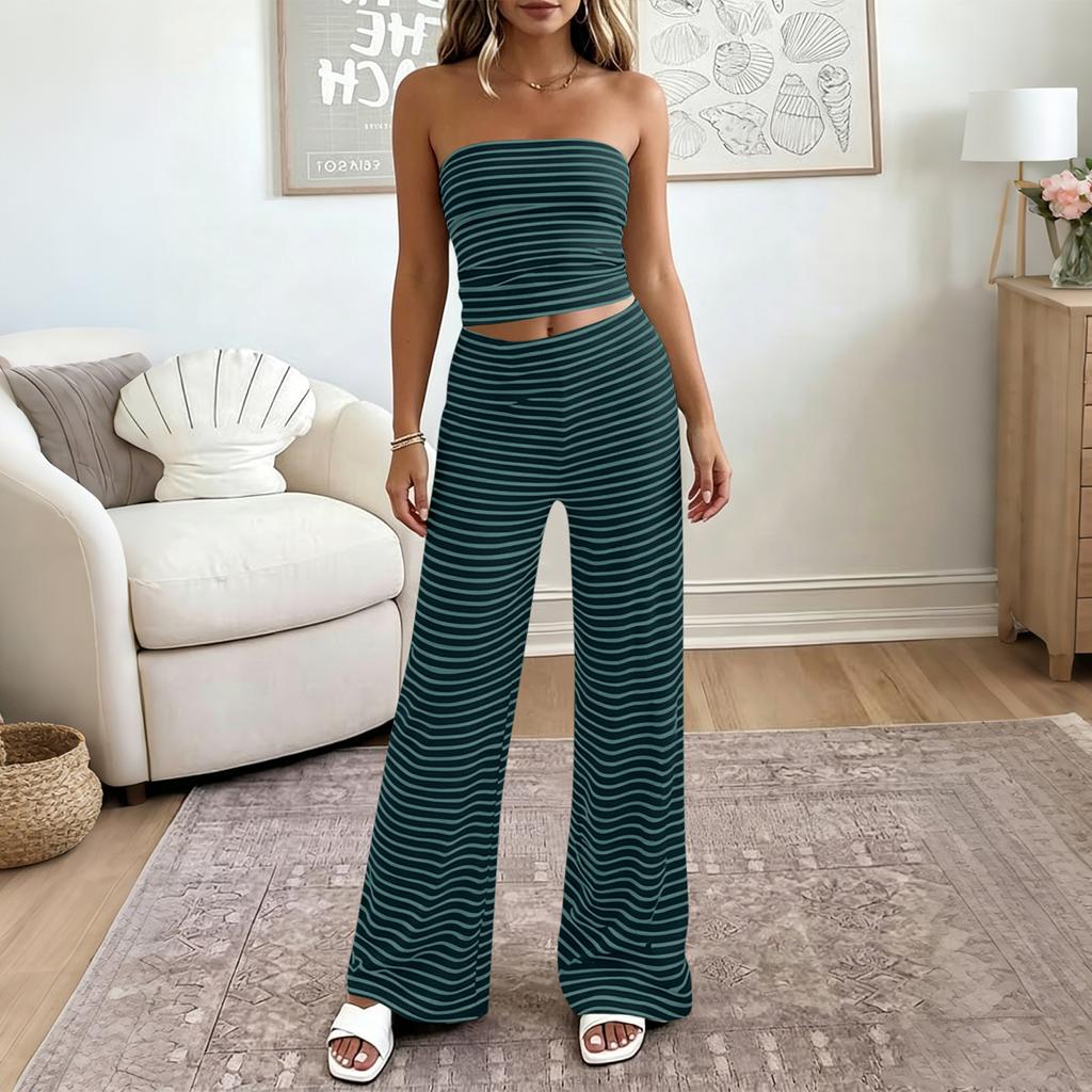 Damen Casual Trägerloses Schlauchtop und Weite Hosen Set Elastischer Bund Zweiteiliges Loungewear Outfit für Urlaub und Zuhause