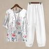 2 Pcs/Set Women T-shirt Pants Set Flower Print Elastic Waist Half Sleeves Round