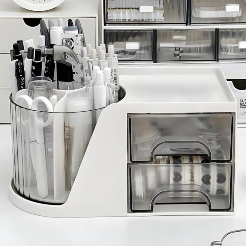 2-In-1 Rotating Pen Holder Rotating Desktop Organizer Storage Box With Drawer Plastic Pen Holder Cosmetic Storage Box
