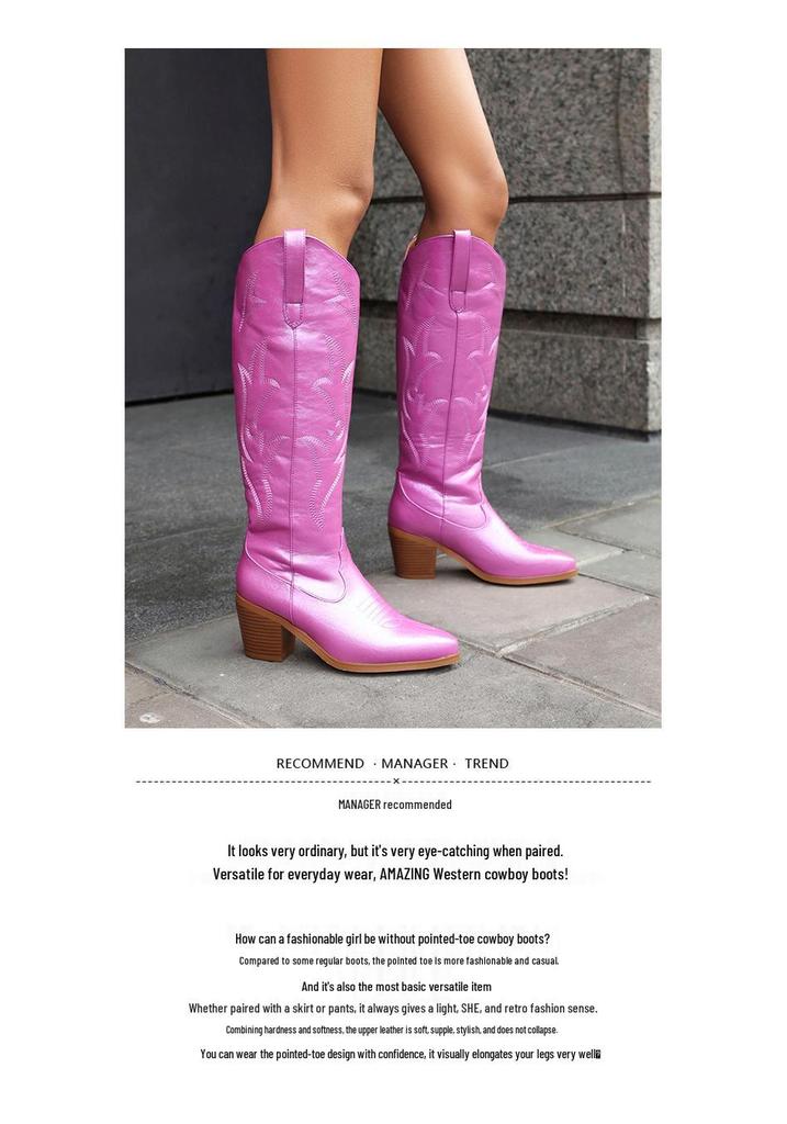 Damskie Jesienno-Zimowe Retro Print Szpiczasty Nosek Gruba Obcas Wysokie Kozaki - Styl Western Cowboy