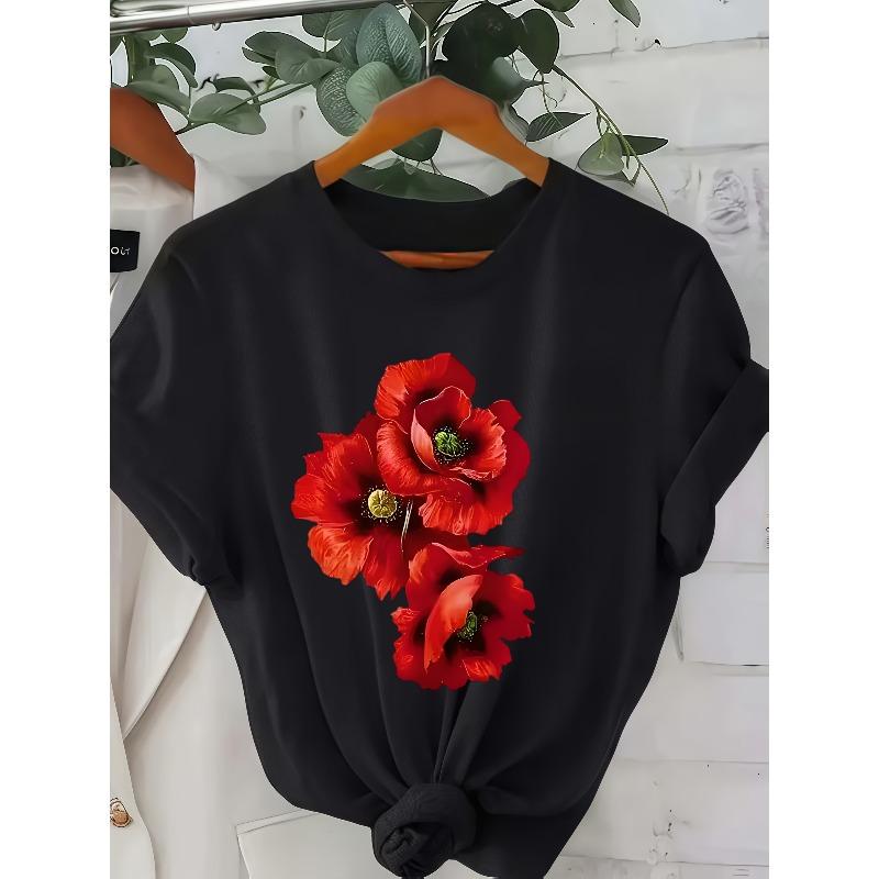 

European size Plus Size - Women S Plus Size Floral Print T-Shirt - Vibrant Red & Pink Tulips, Casual Crew Neck Short Sleeve Tee 4XL
