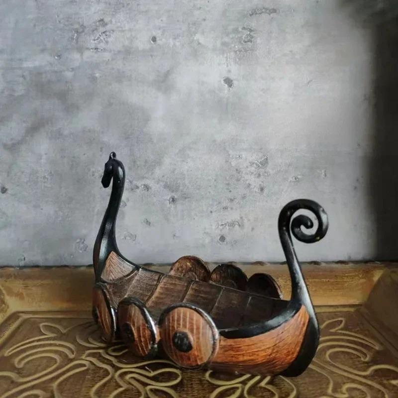 Nordisches Retro Wikingerschiff Harzornament, Vintage Bootsfigur Schreibtischdekoration & Aufbewahrungshalter für Zuhause