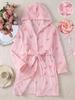 Girls White Heart Print Long Sleeve Hooded Robe Loungewear Set, Striped, Autumn/Winter, Soft Comfortable Cute, Pajamas Loungewear Indoor Set