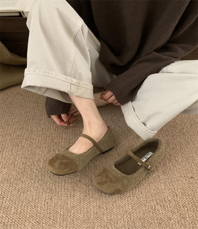 Classic single shoes light and comfortable low heel light mouth suede one-word buckle rubber round head small leather shoes women