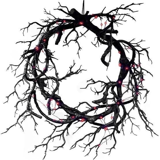 Black Wreath for Front Door, Halloween Wreath with Lights, Twig Wreath Halloween Lighted Garland Outdoor Halloween Decorations, Glitter Black Wreaths