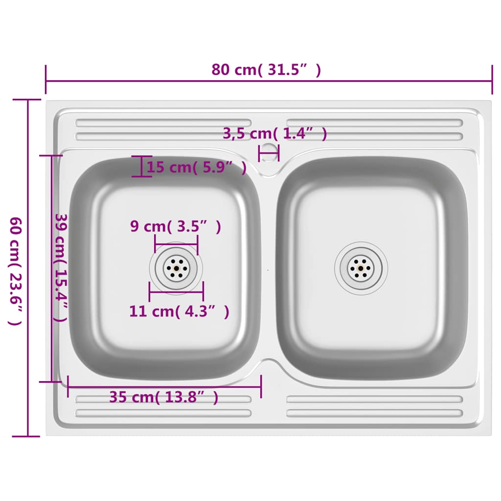 Double Kitchen Sink Silver 800x600x155 mm Stainless Steel