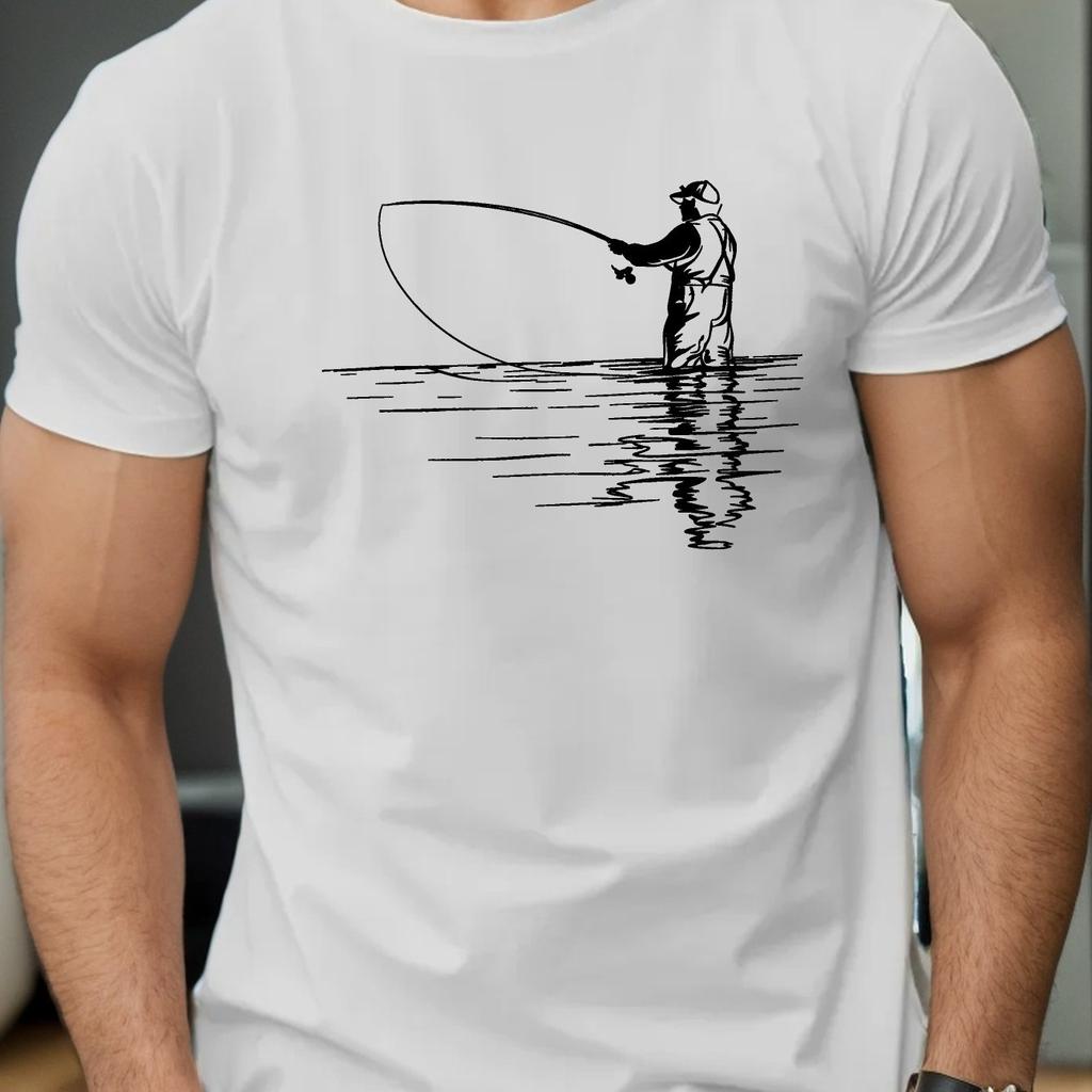 Men's Summer 100 Cotton Fashionable Casual Loose Plus Size Reflection Fishing Printed Round Neck Short Sleeved T-shirt Top
