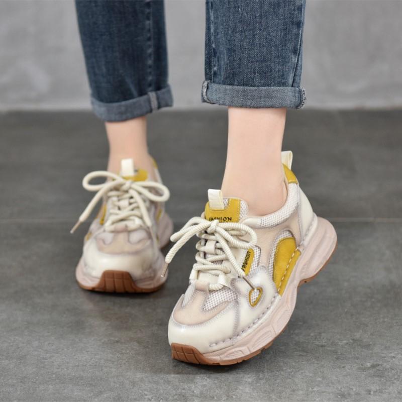 Fashion GKTINOO Genuine Leather Sports Style Casual Women's Shoes 2025 New Mixed Colors Lightweight Sole Lace Up Sneakers