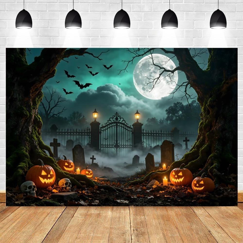 Halloween Full Moon Suburbs Cemetery Backdrop Scary Skull Castle Pumpkin Lantern Family Festival Party Decor Photo Background