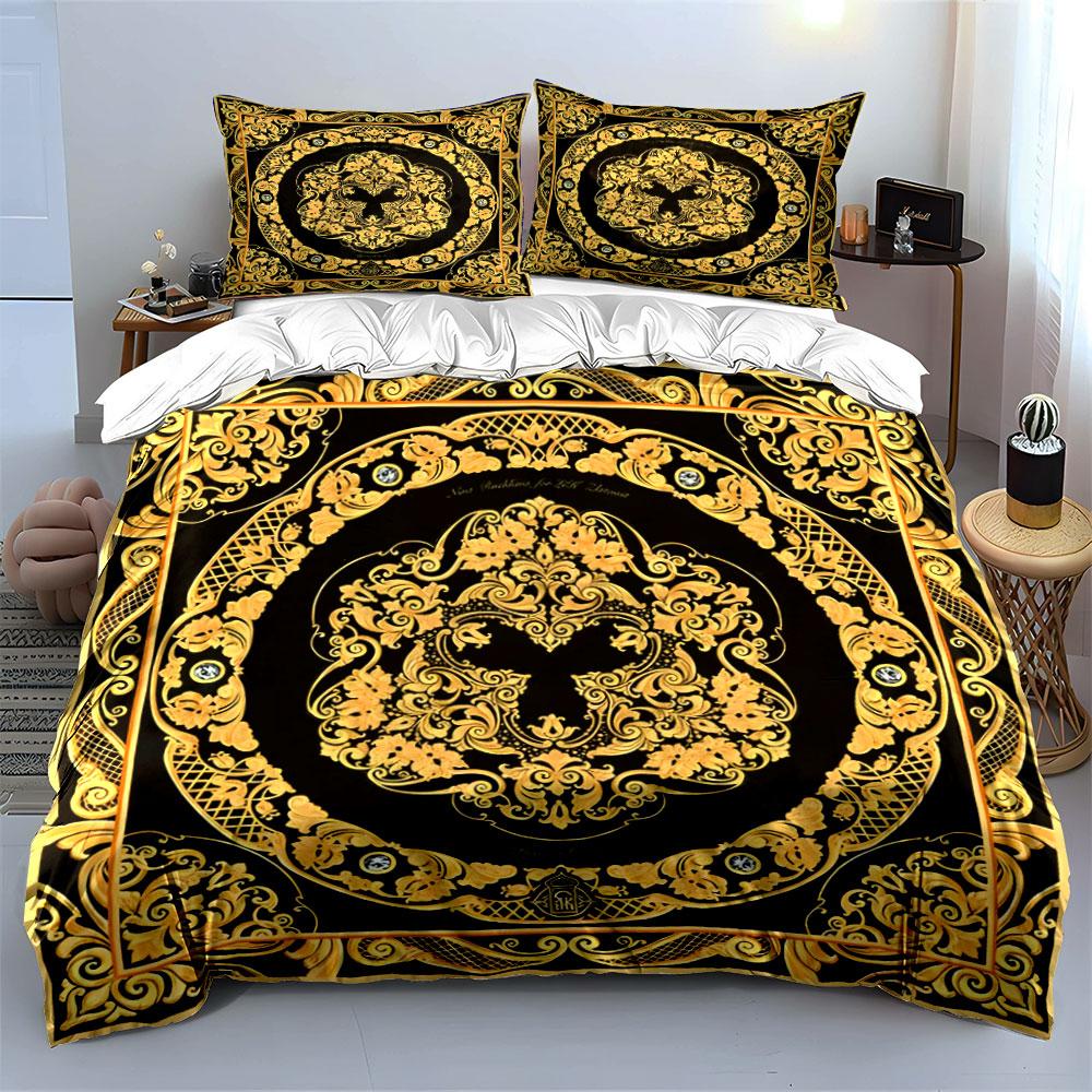 Baroque Gold Floral Pattern Bedding Duvet Cover Set  (1*Duvet Cover 2*Pillowcases, Without Duvet Insert)