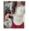 Love embroidery short sleeved t-shirt for women's summer new design, slim fit and slimming, front shoulder t-shirt top JS