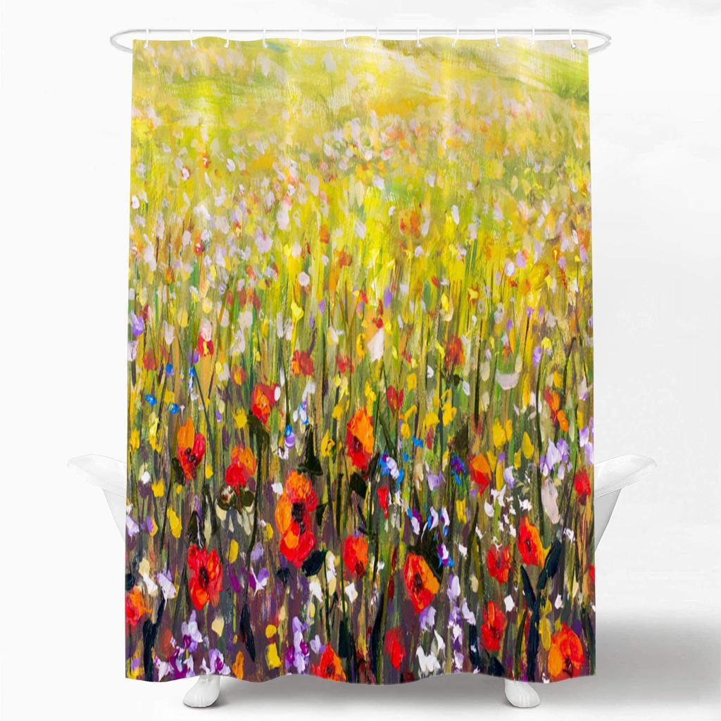 Bathroom Shower Curtain Set With Hook,Flower Garden By Gustav Klimt,Home Art Paintings Pictures Curtain For Bathroom Accessories