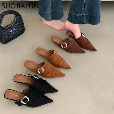Moda SUOJIALUN 2025 Nueva Marca Zapatillas de Mujer Moda Punta Afilada Slip On Mules Zapatos Tacón Fino Medio Exterior Vestir Diapositivas Zapatos de Salón