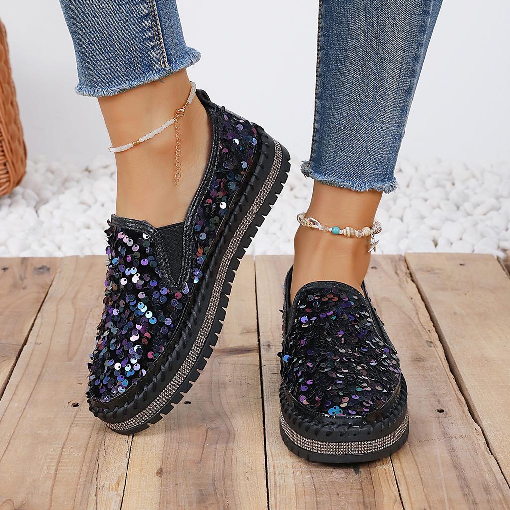 Women's Plus Size Spring Round Toe Flat Sequined Color Block Casual Shoes