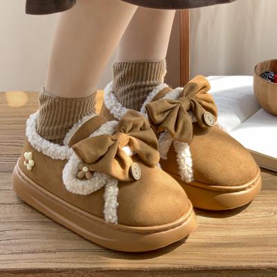 The New Cute Bow All-inclusive Heel Cotton Shoes Can Be Worn Outside with Soft Thick Soles and High Soles In Winter.