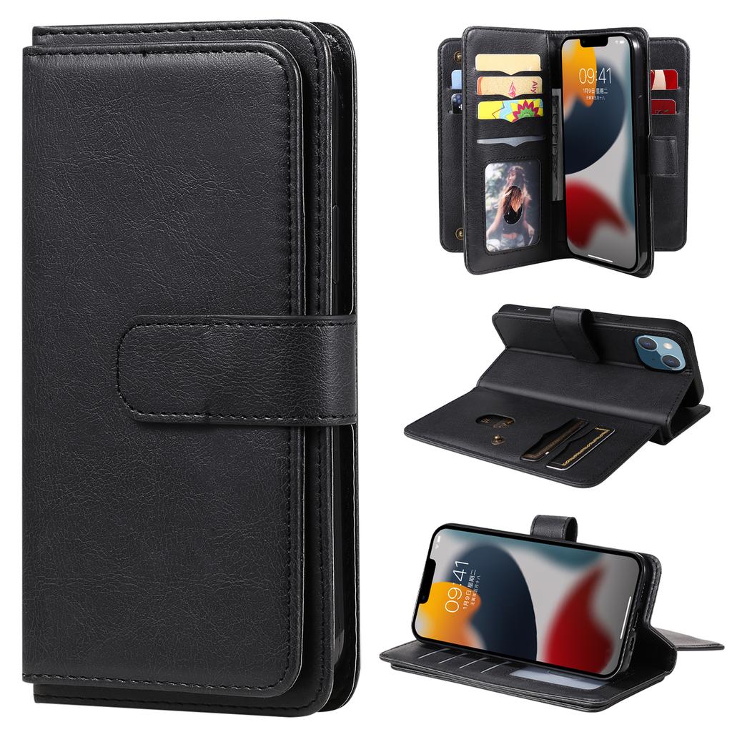 For iPhone 15 Leather Case with 10 Card Holder Phone Cover Stand