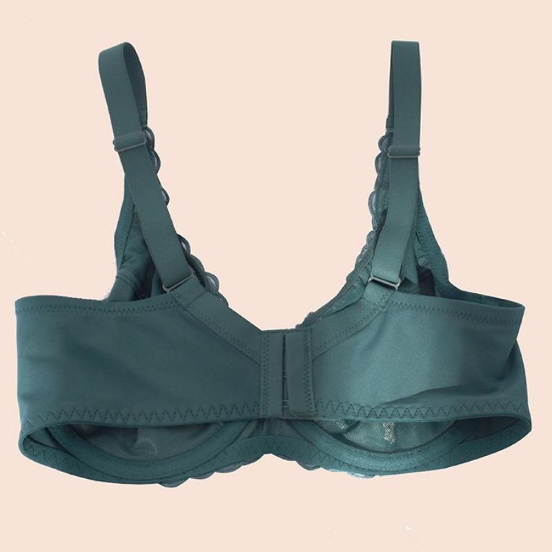 European and American Fresh Dark Green Exquisite Embroidery Underwear Ultra-thin Large Size Full Cup Bra