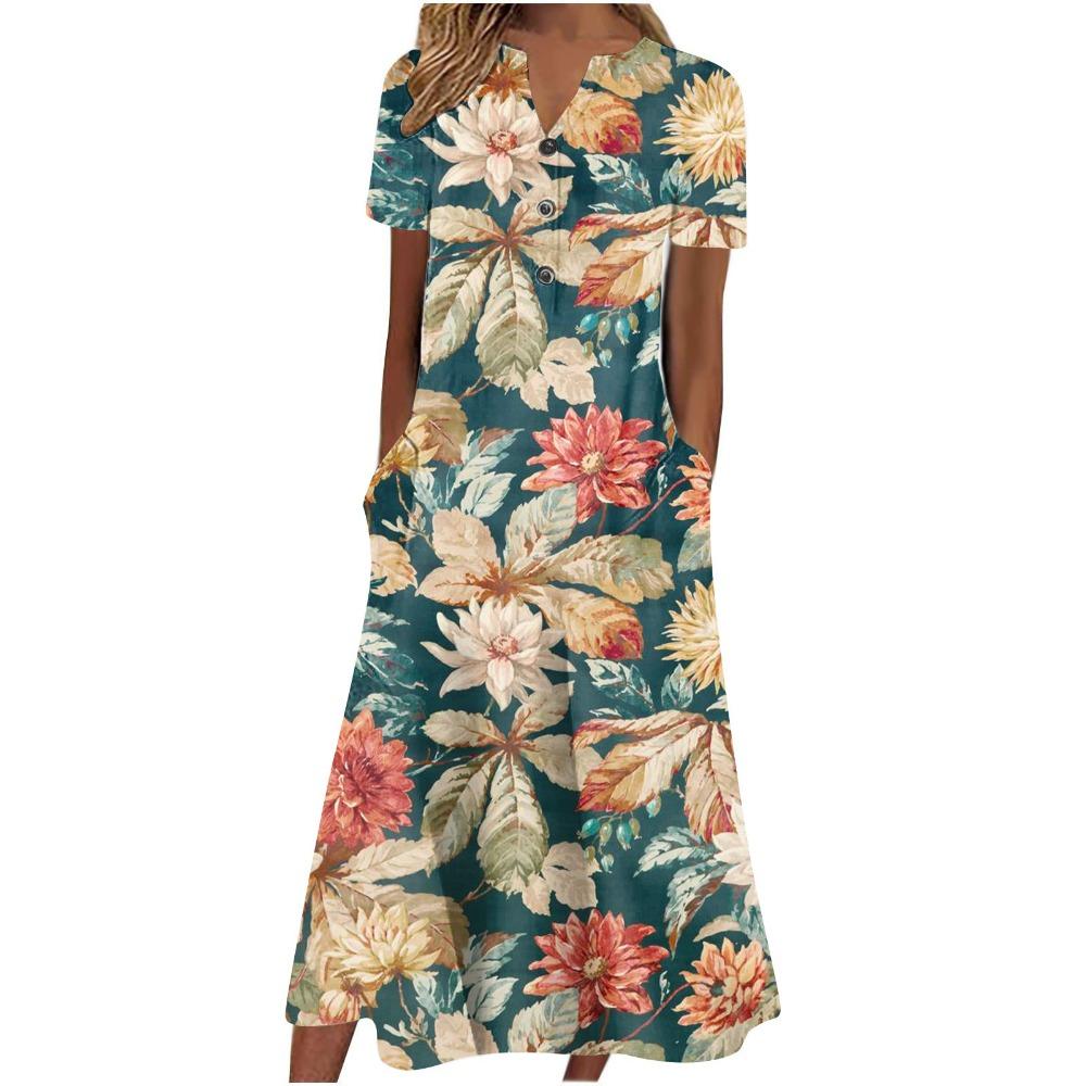 Women's V‑Neck Button Short Sleeve Midi Dress Loose Printed Casual Dress With Side Pockets