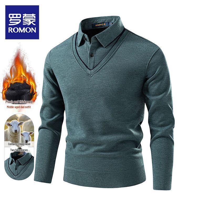 Luomeng Men's Autumn/Winter Warm Wool-Blend Faux Two-Piece Knit Shirt