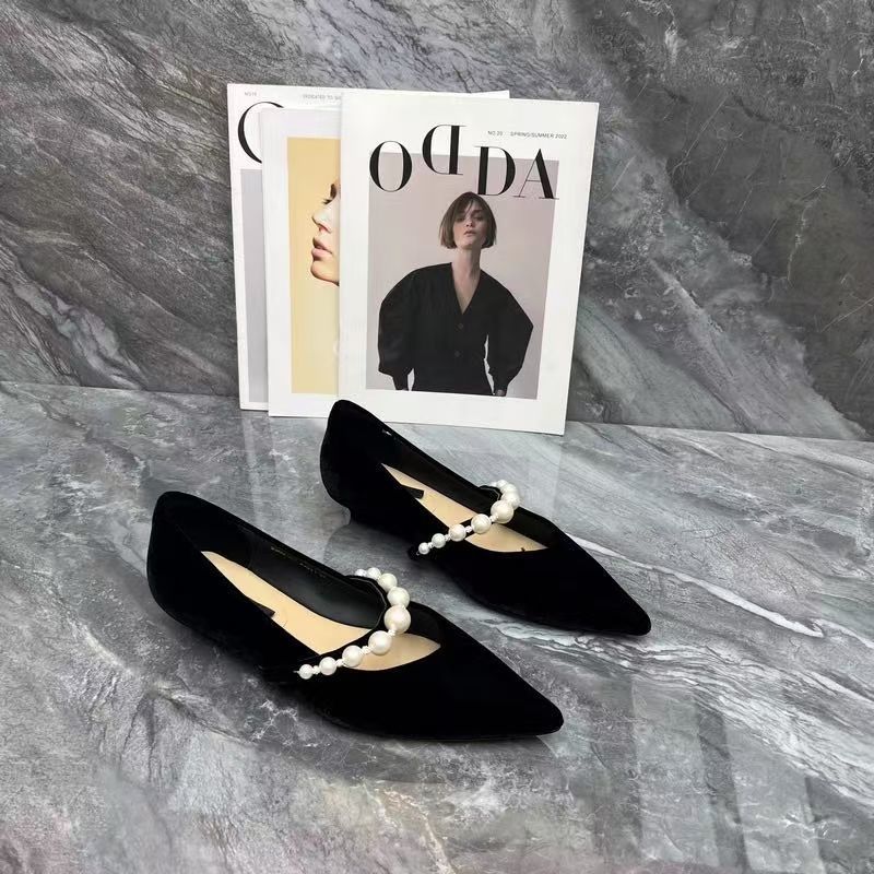Fashion wedge heel European pointed pearl one-word belt women's shoes light mouth single shoes versatile flat heel lazy shoes 2025 spring