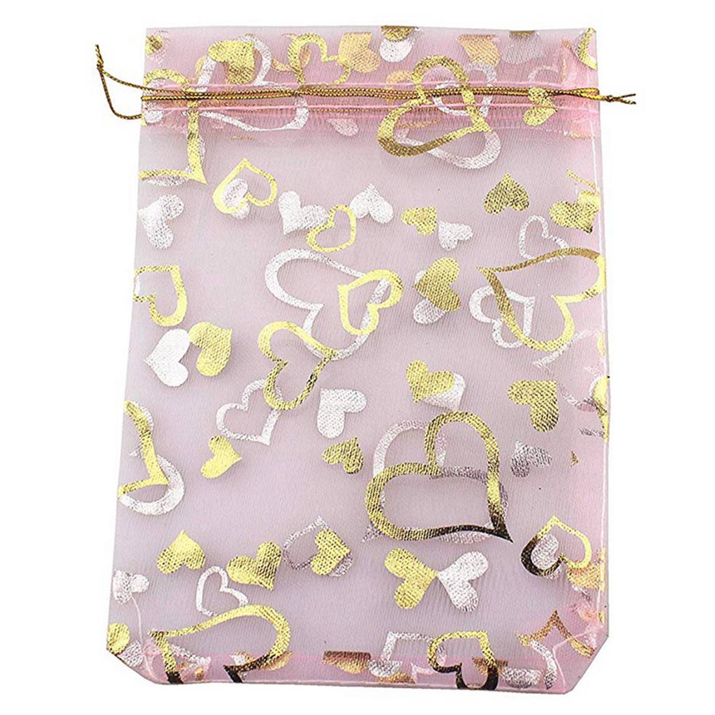 ABBY-300 PCS 9X12cm Heart Printed Pink Organza Bags Jewelry Pouch Bags Drawstring Pouches Wedding Favors Candy Gift Bags