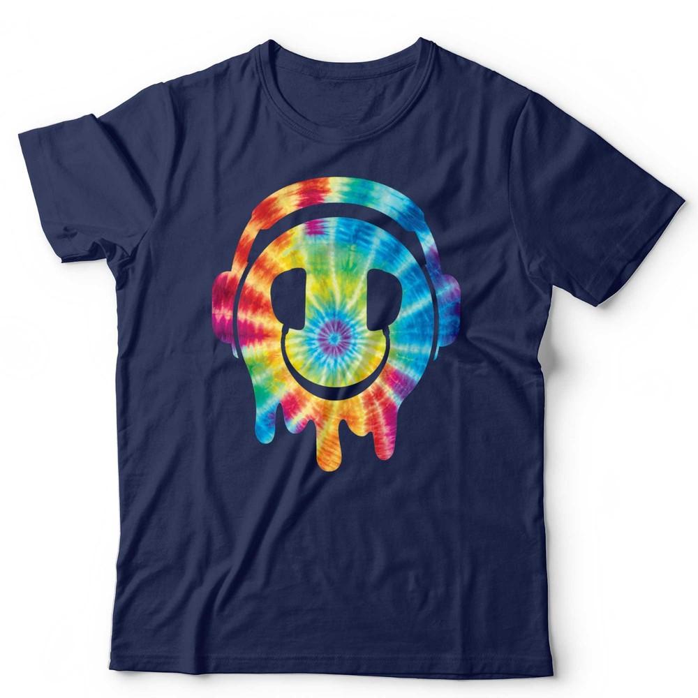 Tie Dye DJ Smiley Face T Shirt Rave Festival EDM Graphic Tee Headphones S