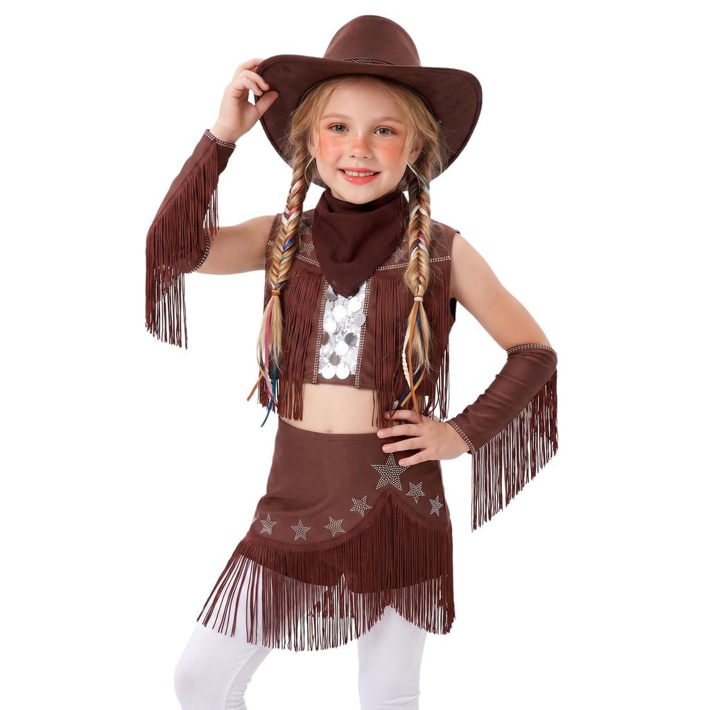Costume da Cowgirl per Bambine Senza Maniche con Paillettes Strass Frange, Gonna Elastica, Guanti, Cappello, Fazzoletto, Danza Latina, Esibizione sul Palco, Competizione