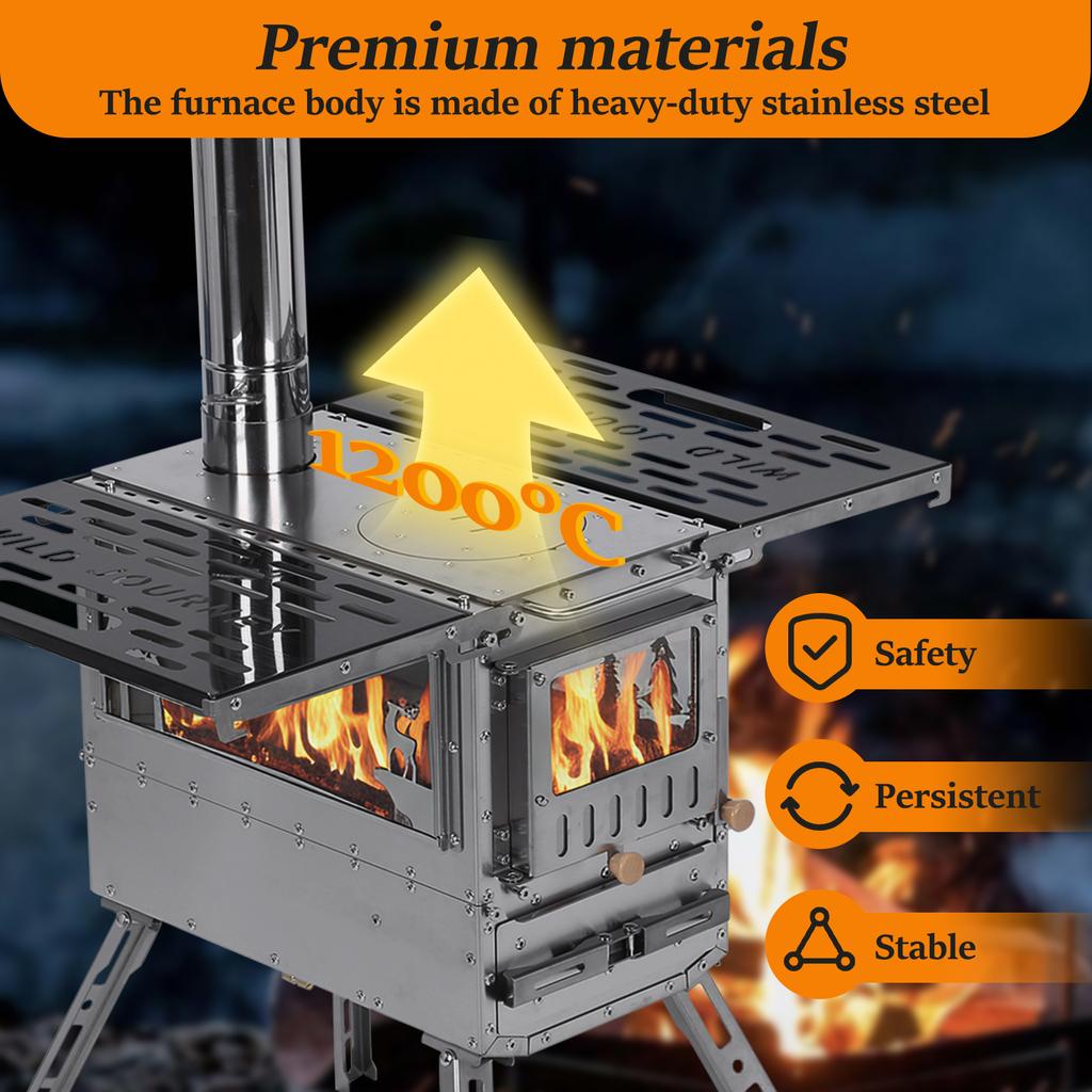 Small Camping Wood Stove with Oven & Camping Table with Chimney Pipe Stainless Steel for Cooking Hiking Fishing Backpacking