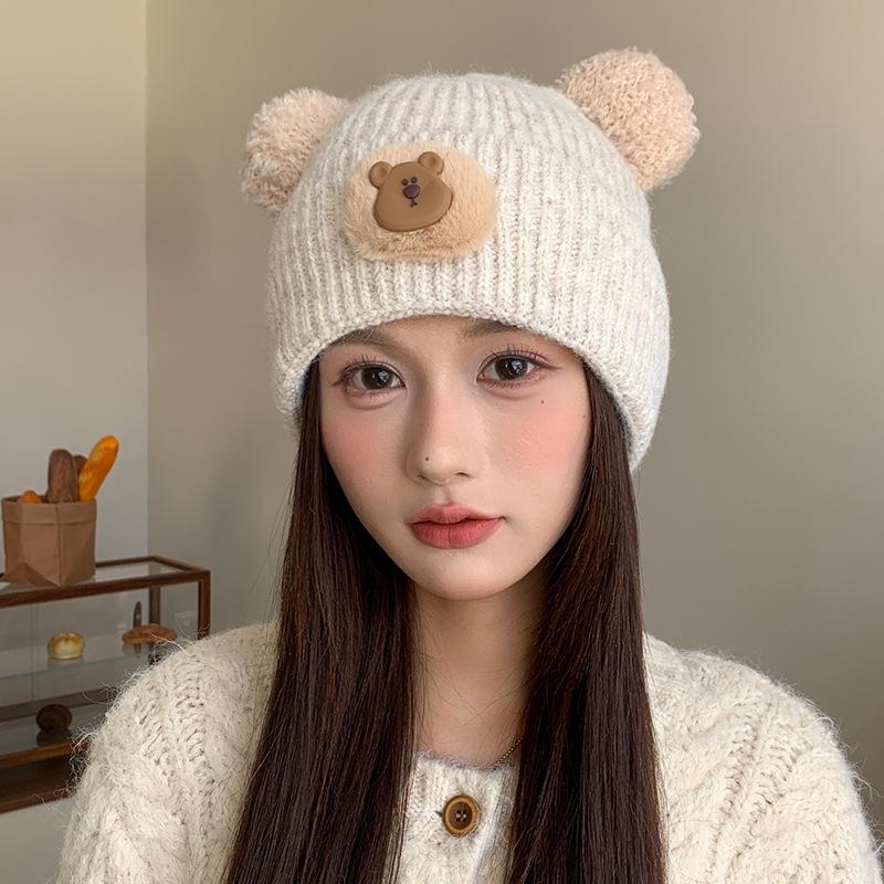 Japanese Cute Bear Hat Women's Autumn and Winter Knitted Hat Large Head Circumference Plus Velvet Cold Proof Woolen Hat Warm Ear Protection Hat