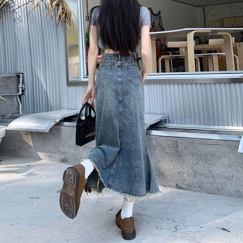 Raw Edge Denim Skirt Female Summer Retro Medium-length Fishtail Skirt Bustier Skirt A-line Thin Package Hip Comfortable Fashion Denim Bustier Skirt