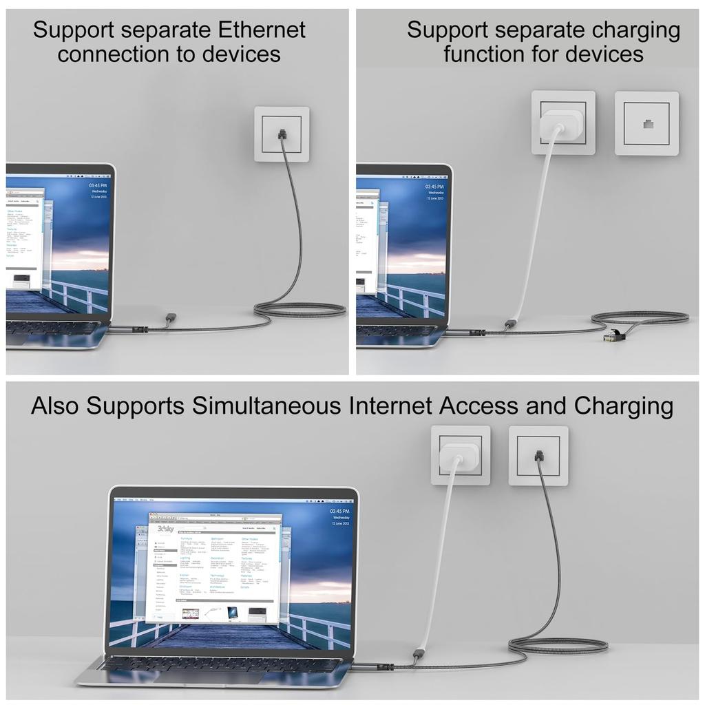 Dutovolns 3m Ethernet Cable with Female to RJ45 60W PD Fast Charging Gigabit LAN Nylon Direct Compatible with MacBook Internet Connection and Charging