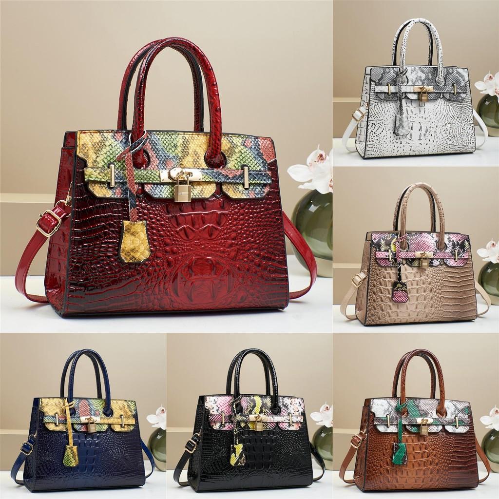 Fashion Color Blocked Gold Buckle Decor Crocodile Texture Women Shoulder Bag For Daily Carry