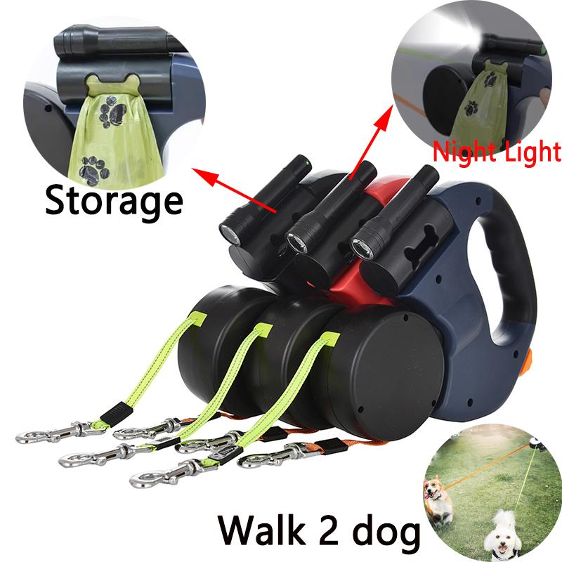 3M Dual Puppy Leash Automatic Small Dog Rope for 2 Dog Leash Multifunctional Strong Nylon Pet Rope with Night Light Bag Storage