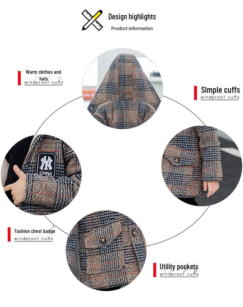 Boys' Fleece-lined Cotton Jacket & Plaid Woolen Coat - 2025 New Style