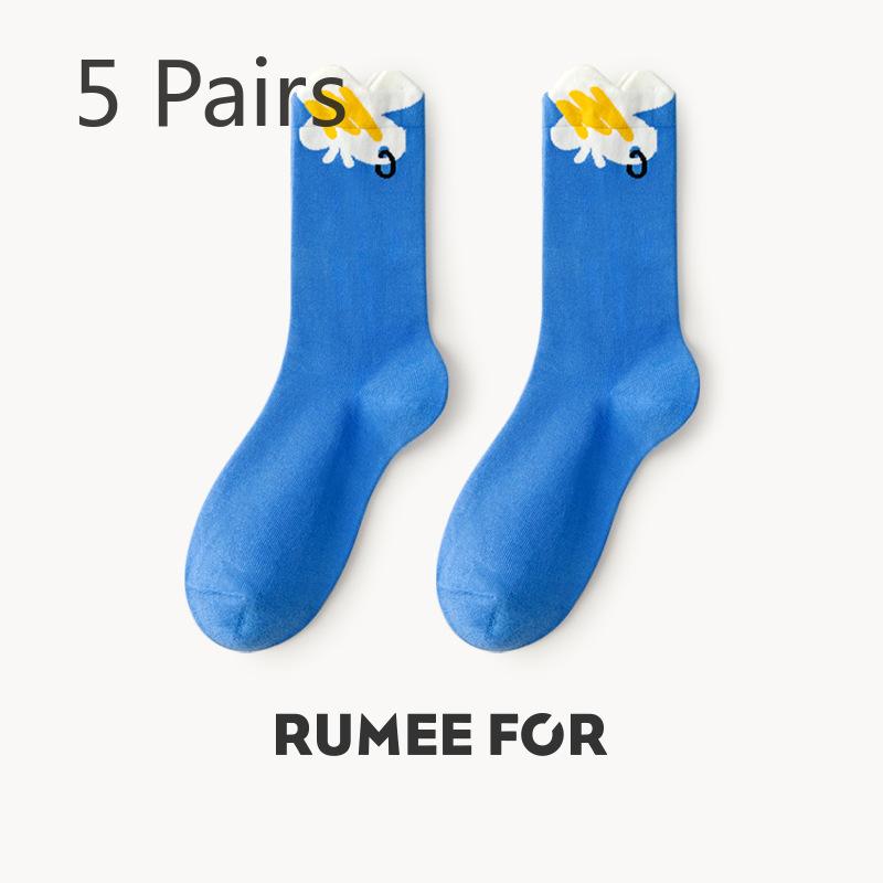 5 Pairs of Female Spring and Autumn Deodorant Sweat Absorbing Cute Preppy Cartoon Tube Cotton Socks