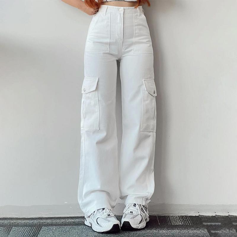 

Жіночий одяг Y2K Вінтажні прямі широкі штани Нові мішкуваті штани для відпочинку з кишенями на талії Літні штани-карго з високою талією Вуличний одяг 2XL білий