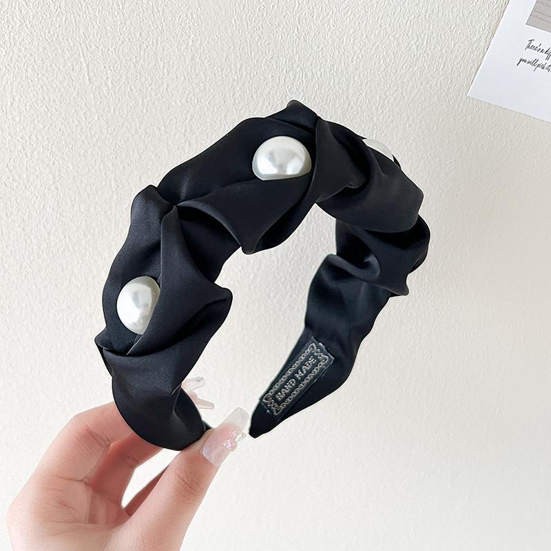Solid Color Fabric Pleated Pearl Hairband Female Korean Elegant Style Temperament Outdoor Fashion Girls Hair Accessories