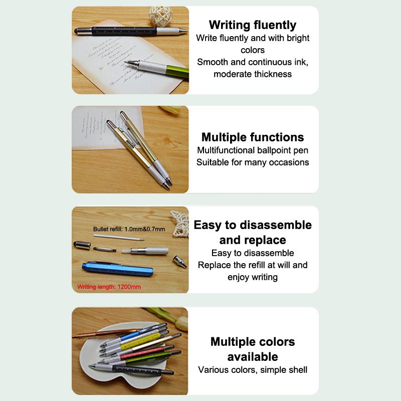 7 In 1 Multifunctional Pen Touch Screen Stylus Capacitive Pen With Screwdriver Ruler Levelgauge Refillable Ballpoint Pencil Tool