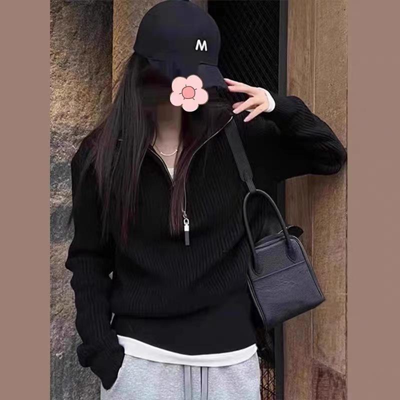 Grey Half-zipper Turtleneck Sweater Bottoming Shirt Women's New Spring and Autumn Long-sleeved Knitted Sweater Top