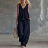 Women's Cotton Linen Two-Piece Outfit Set Sleeveless Top and Long Pants Casual Color