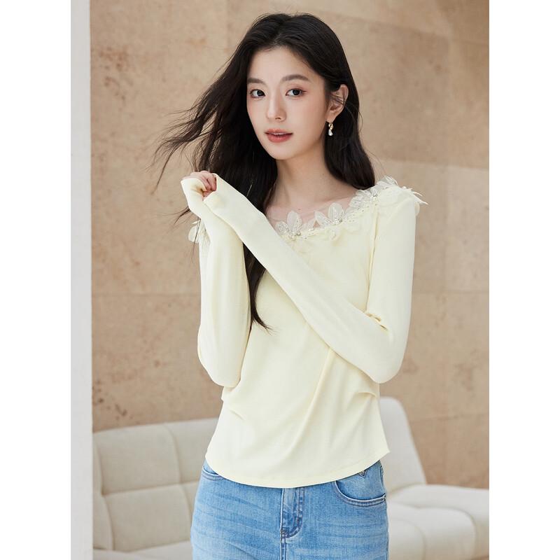La Chapelle Women's Long-Sleeve T-Shirt with Beaded Tulle Collar