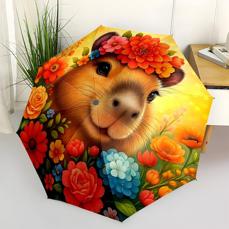 

1pc Floral Guinea Pig Automatic Opening/Closing Folding Umbrella with 8 Ribs,Windproof Portable Sunshade Umbrella Holiday gift yy260401008