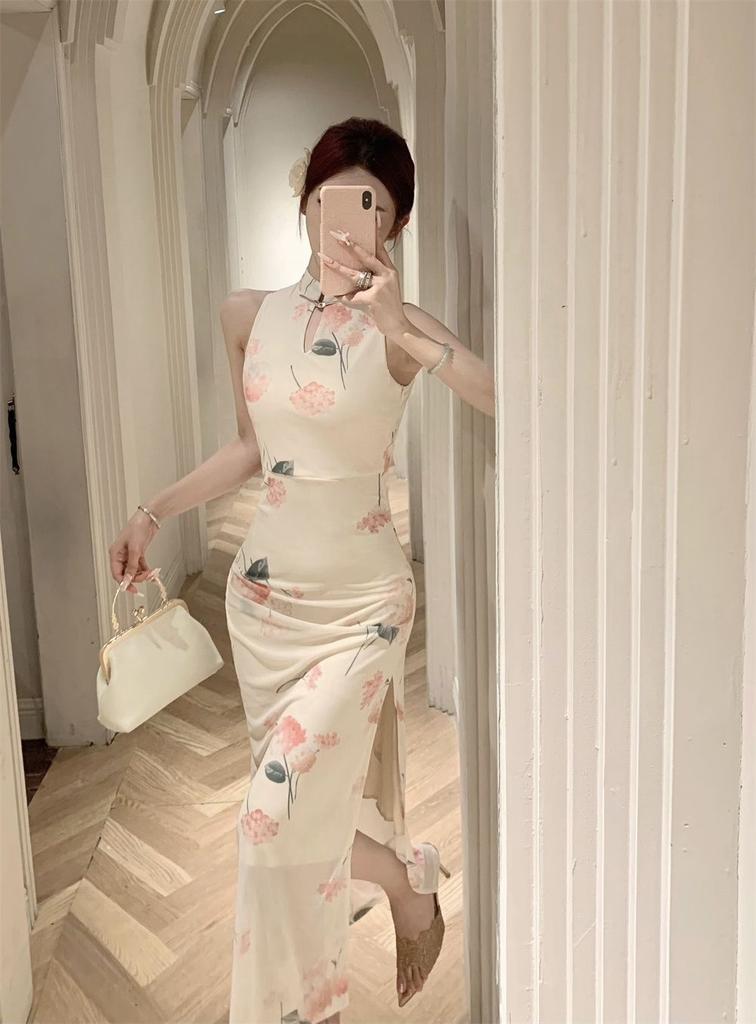 New Chinese-style Imperial Sister Improved Cheongsam Women's Summer New Sexy Pure Desire Printing Split-ended Hip-wrapped Neck Dress