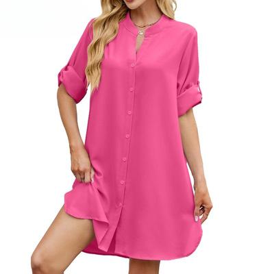 Women's Spring and Summer New Solid Colour Loose Shirt Dresses Mid-sleeve Button Down Dresses for Women