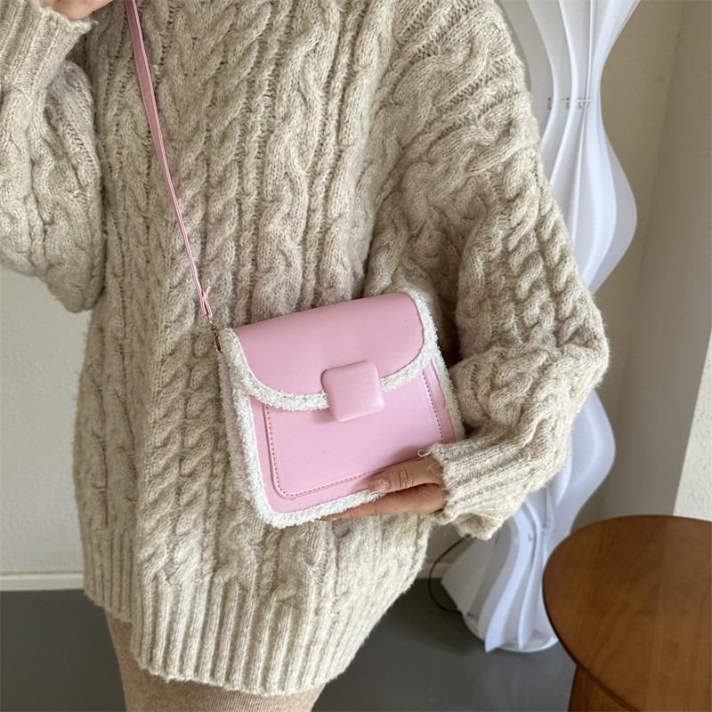 Bag Women's Autumn and Winter New Plush Splicing Messenger Bag Simple Commuting Temperament Versatile Shoulder Small Square Bag