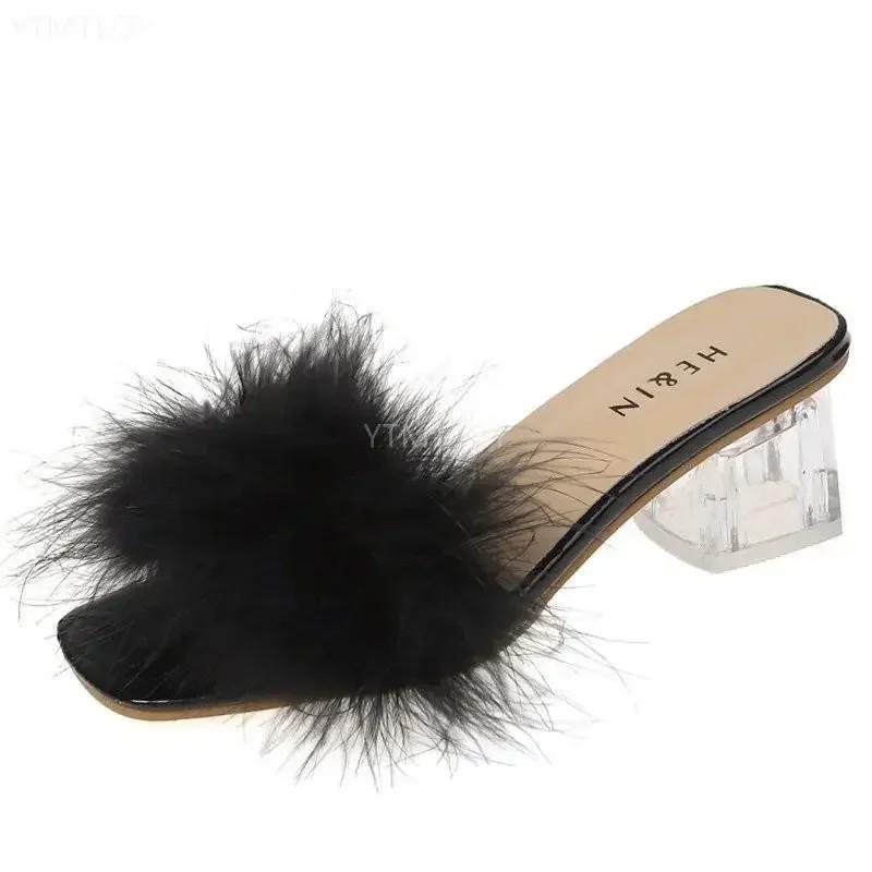 Mode 2024 Neu Sommer Flauschige Peep Toe Sexy High Heels Damen Pelz Dame Mode Hochzeit Rosa Hausschuhe