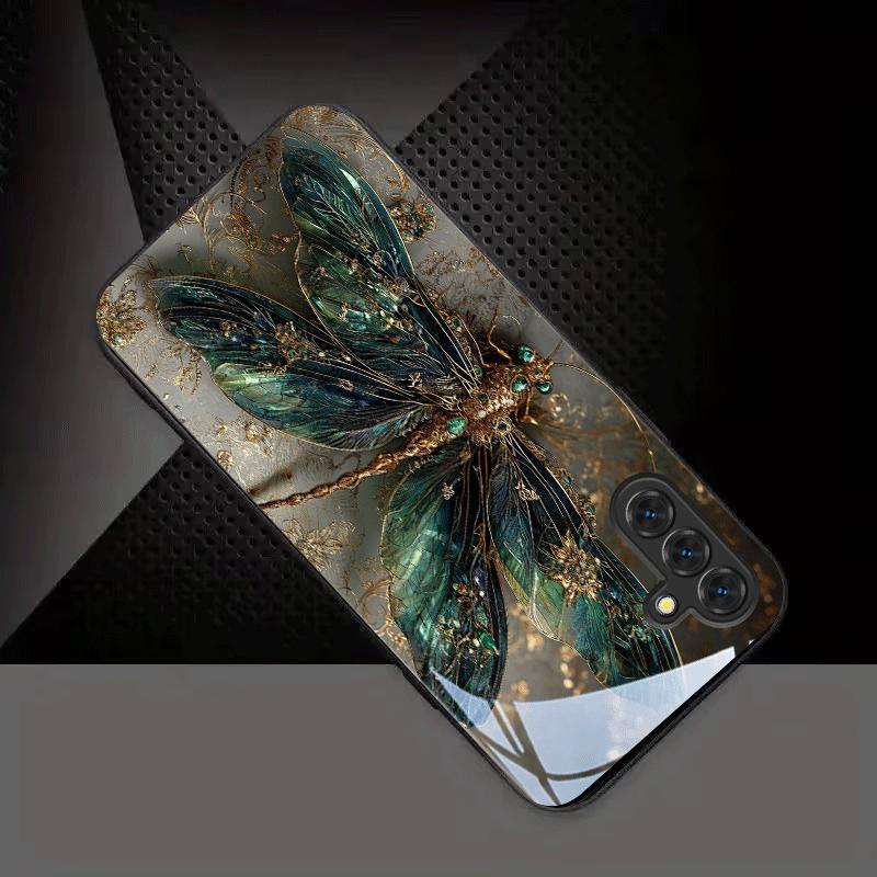 Gilded Emerald Dragonfly Black Glass Phone Case for Samsung Galaxy S26/S25 Ultra/S24/S24 FE/S24 Plus/S24 Ultra/S23+/S22+/S21 5G