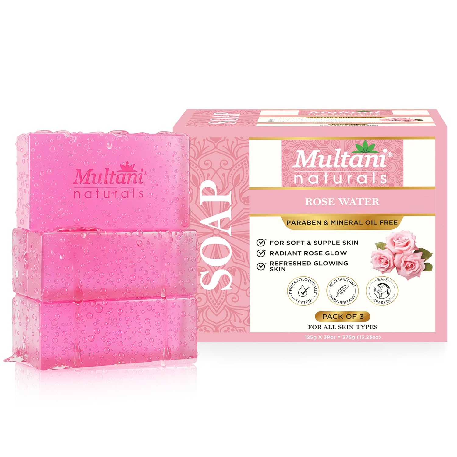 Multani Naturals Rosewater Soap Bar Pack Of 3PC 125 g Herbal Moisturizing Soap With Rose Water Glycerin For Soft Skin
