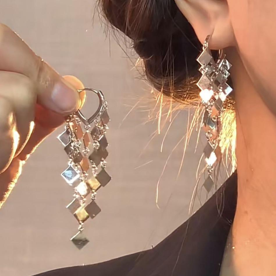 Rhombus Silver Sequin Tassel Earrings: Trendy, High-End Design for Women